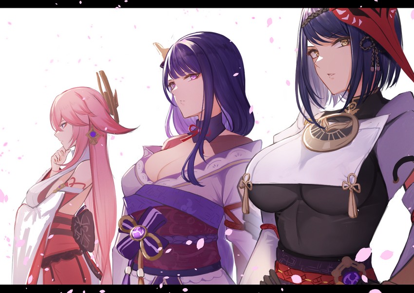 raiden shogun, yae miko, and kujou sara (genshin impact) drawn by pnatsu
