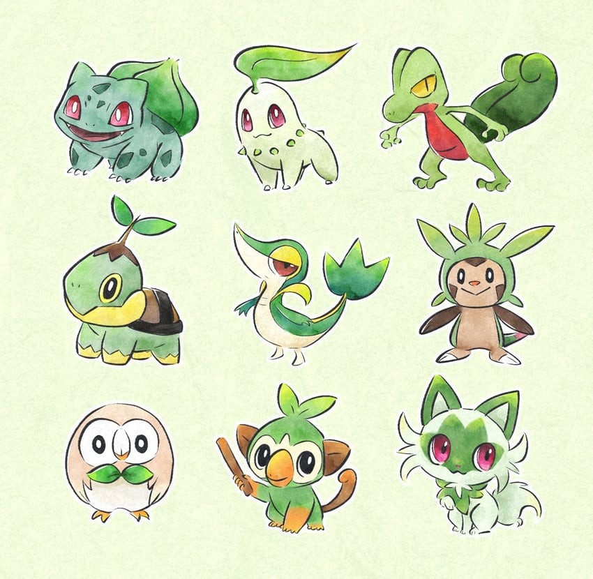 rowlet, bulbasaur, sprigatito, snivy, chikorita, and 4 more (pokemon) drawn by metikyun