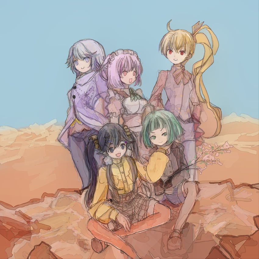 miyako hinano, makino ikumi, midori ryo, hozumi shizuku, and mariko ayaka (mahou shoujo madoka magica and 3 more) drawn by 86thunder