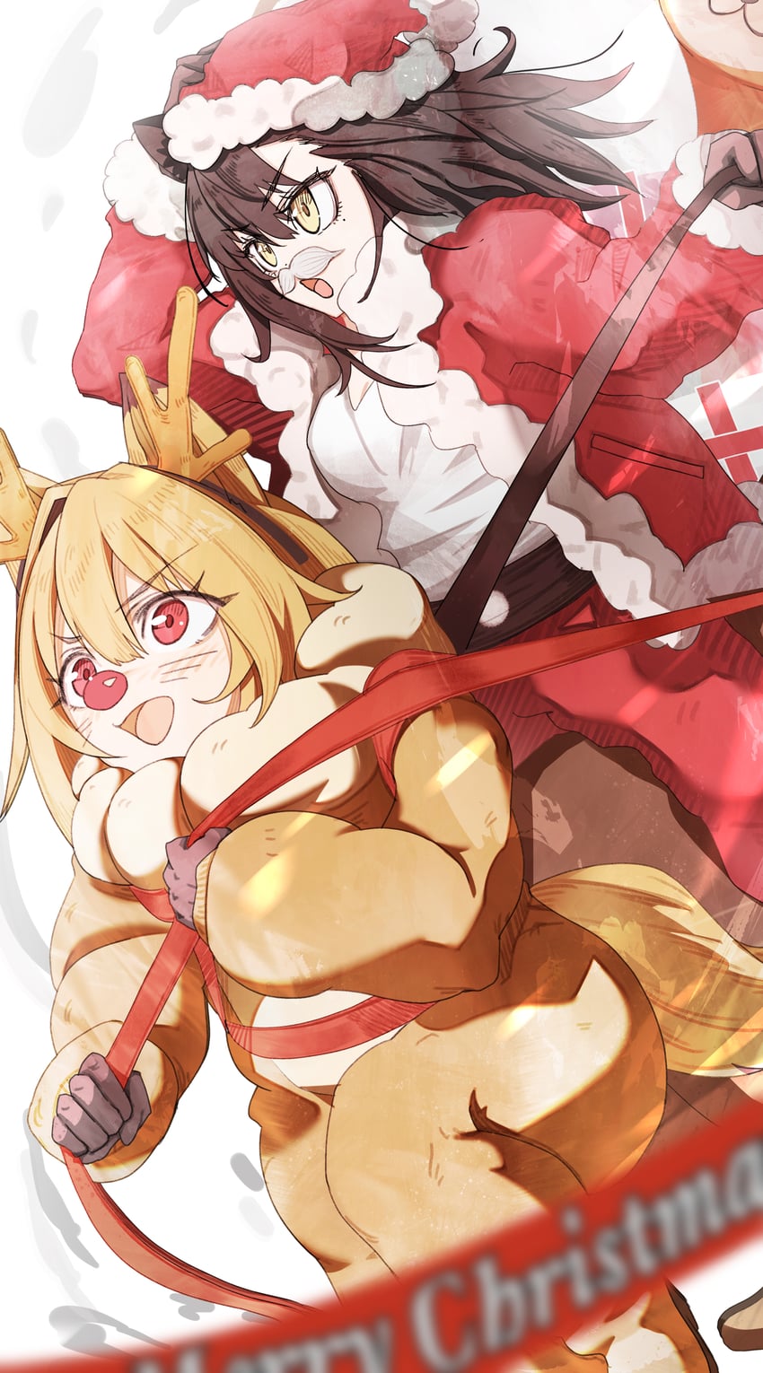 ceobe, lunacub, and rudolph the red nosed reindeer (arknights) drawn by yokaze_(yokajie)