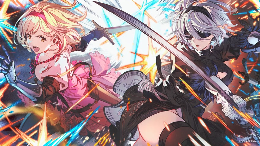 2b and djeeta (granblue fantasy and 3 more) drawn by minaba_hideo