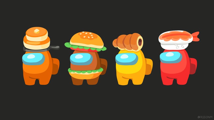 crewmate, yellow, red, orange, and brown (among us) drawn by rizu_(rizunm)