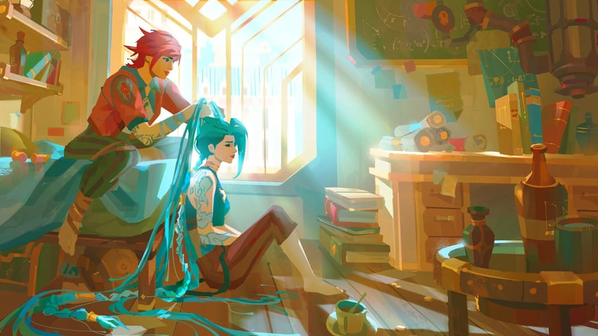 jinx, vi, arcane jinx, and arcane vi (league of legends and 1 more) drawn by yingshiart