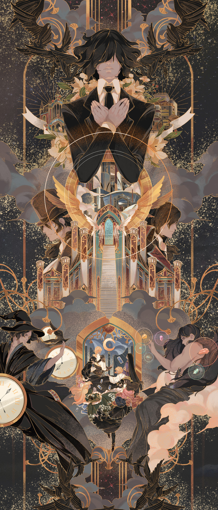 klein moretti, amon, leonard mitchell, audrey hall, fors wall, and 7 more (lord of the mysteries) drawn by scholarmeow