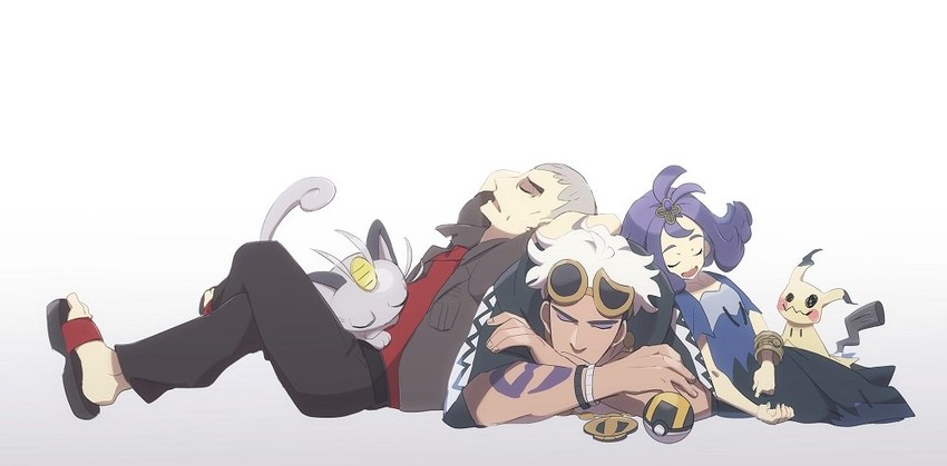 mimikyu, acerola, guzma, nanu, and alolan meowth (pokemon and 1 more) drawn by no-kan