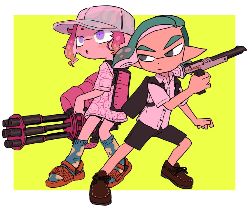 inkling player character, inkling girl, inkling boy, sumomo, and aoba (splatoon) drawn by ikuta_semi
