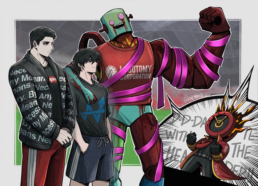 yi sang, dante, meursault, pink shoes, and you want to get beat? hurtily? (project moon and 3 more) drawn by 4indroid