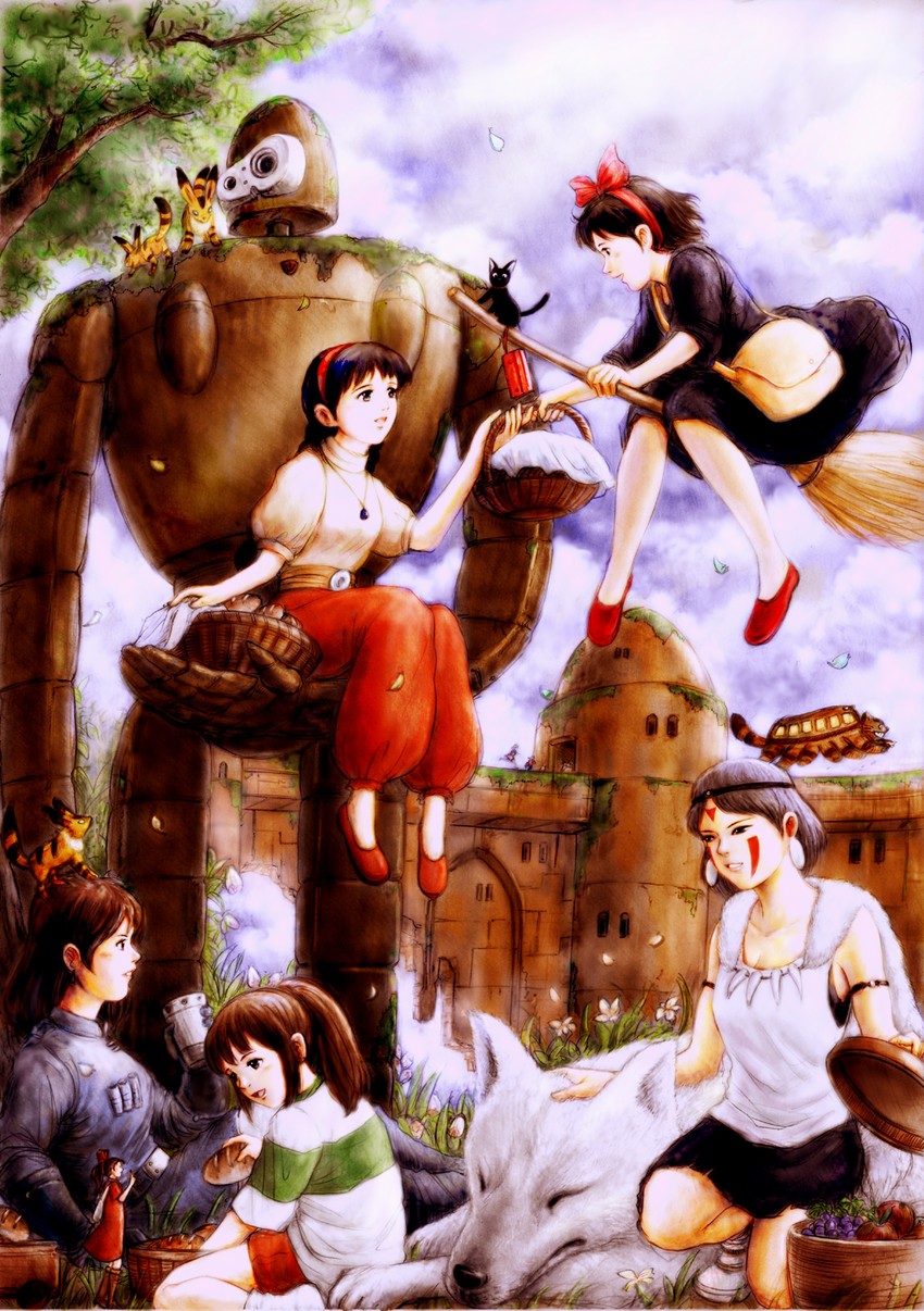 kiki, san, jiji, ogino chihiro, nausicaa, and 6 more (studio ghibli and 8 more) drawn by lordskyman