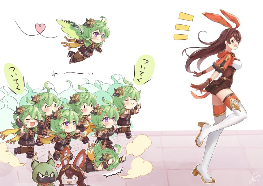 amber, collei, baron bunny, and cuilein-anbar (genshin impact) drawn by mirin_pengin
