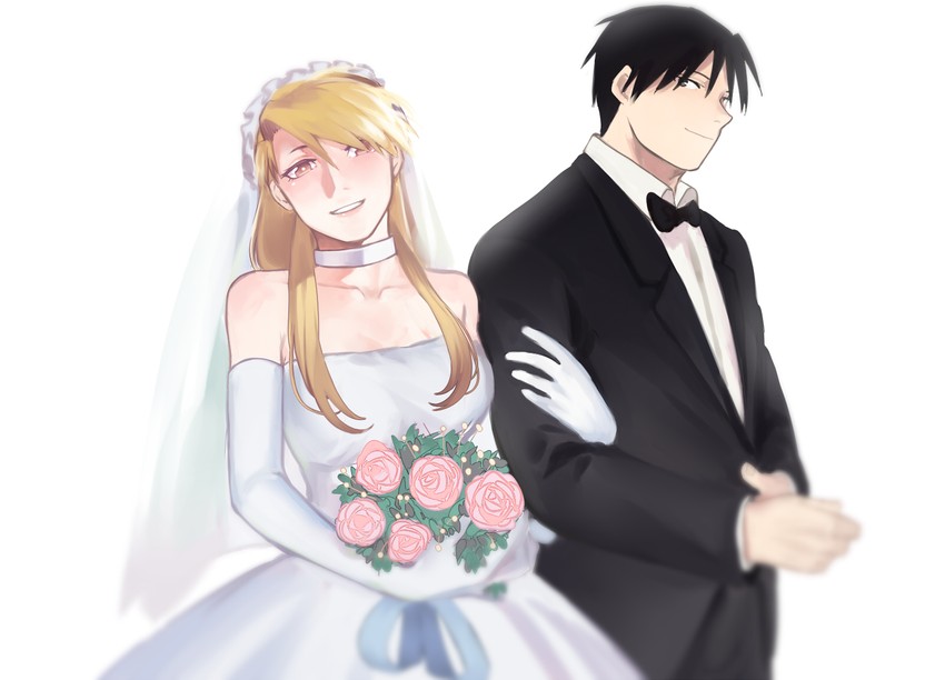 riza hawkeye and roy mustang (fullmetal alchemist) drawn by doya