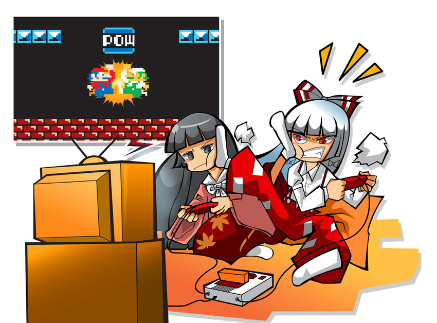 fujiwara no mokou, houraisan kaguya, mario, and luigi (touhou and 2 more) drawn by mikihiro