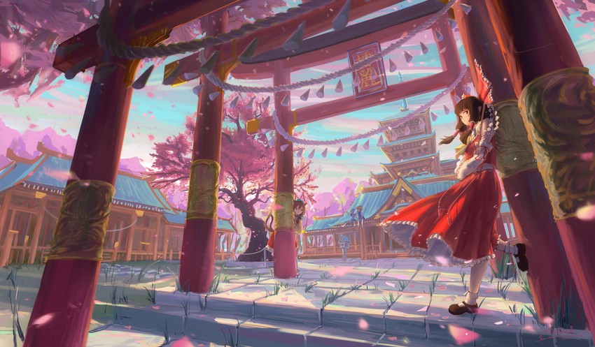 hakurei reimu, cirno, moriya suwako, and chen (touhou) drawn by merlimambrosuis