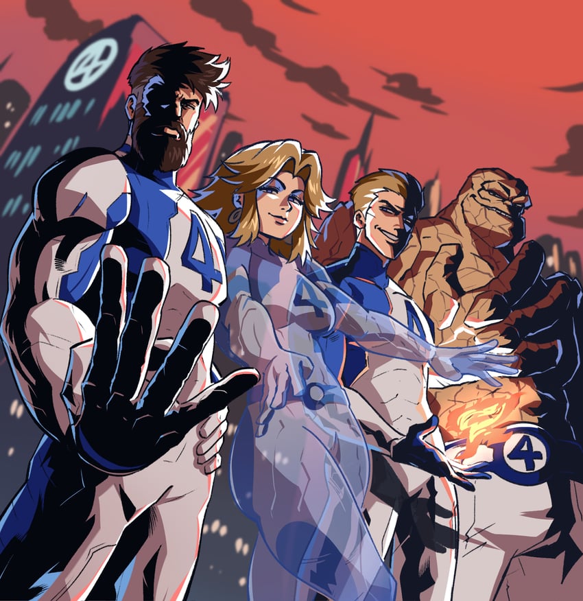 sue storm, reed richards, johnny storm, ben grimm, and human torch (marvel and 2 more) drawn by tina_fate