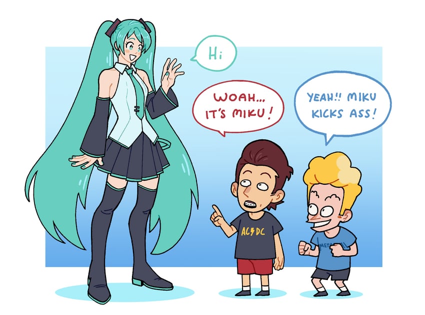 hatsune miku, butt-head, and beavis (vocaloid and 3 more) drawn by temunade