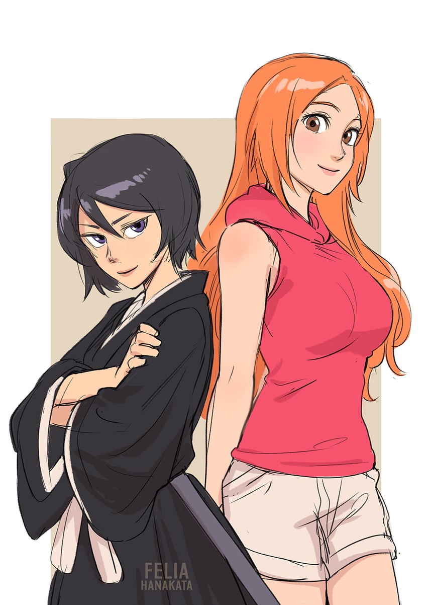kuchiki rukia and inoue orihime (bleach) drawn by felia_hanakata
