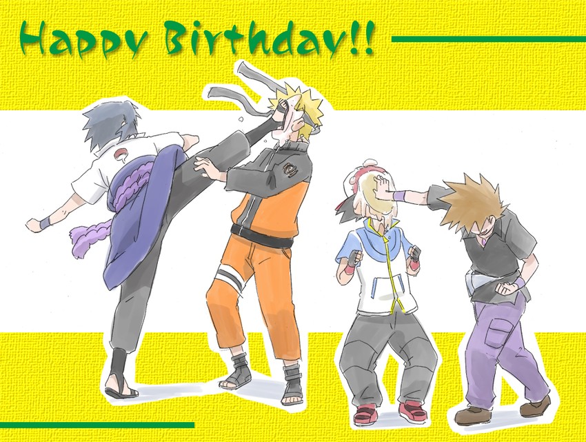 ash ketchum, uzumaki naruto, uchiha sasuke, and gary oak (pokemon and 2 more) drawn by yun_(piyo-piyoyo)