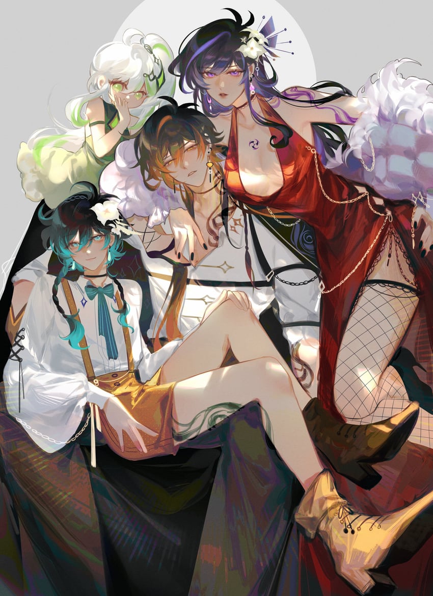 raiden shogun, nahida, zhongli, and venti (genshin impact) drawn by yionyi23