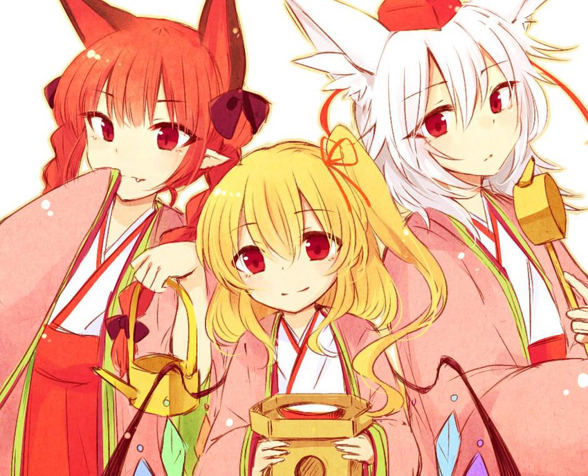 flandre scarlet, inubashiri momiji, and kaenbyou rin (touhou) drawn by tama_(soon32281)