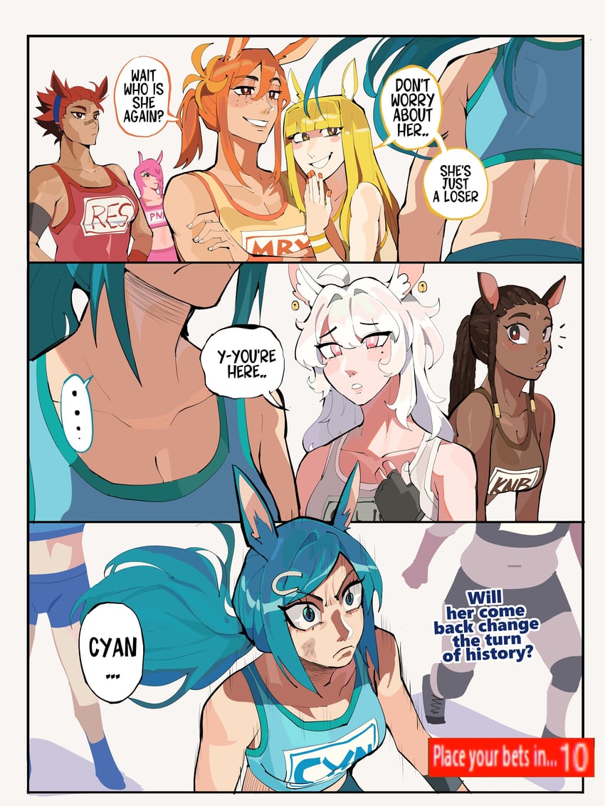 jovial merryment, cyan, superstitional realism, lightning strikes thrice, comely material morning, and 2 more (horse race tests) drawn by diforland