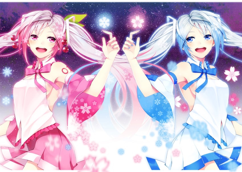 hatsune miku, yuki miku, and sakura miku (vocaloid) drawn by hakusai_(tiahszld)