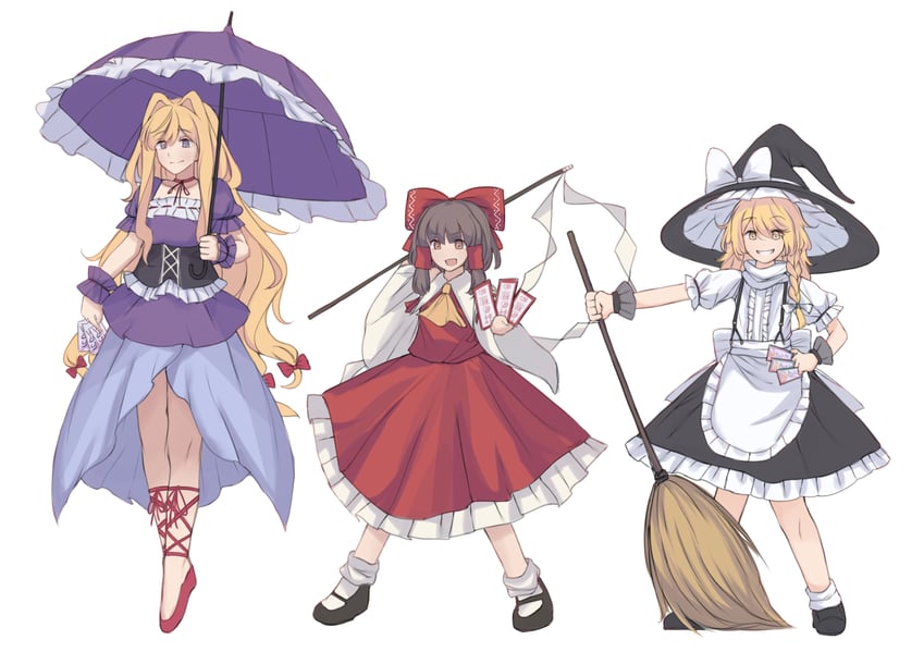 hakurei reimu, kirisame marisa, and yakumo yukari (touhou) drawn by there2007
