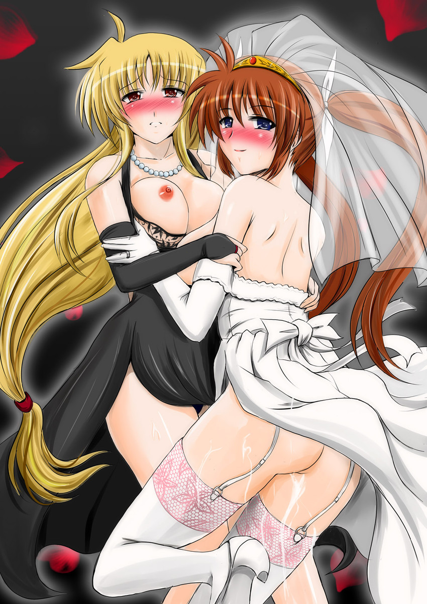 fate testarossa and takamachi nanoha (lyrical nanoha and 1 more) drawn by hozumi_kenji