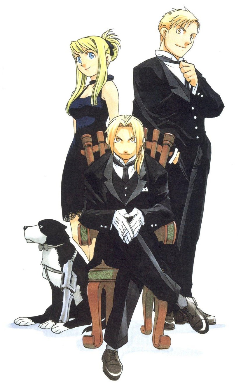 edward elric, alphonse elric, winry rockbell, and den (fullmetal alchemist) drawn by arakawa_hiromu