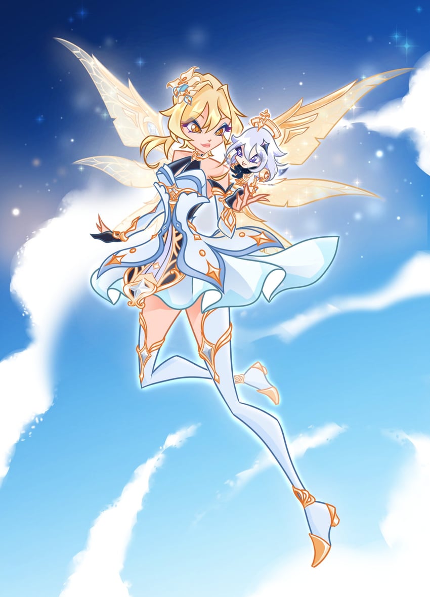 lumine and paimon (genshin impact and 1 more) drawn by chocofish