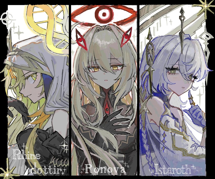 ronova, istaroth, and rhinedottir (genshin impact) drawn by chuni_man, tukuneto0den, and uma_(npon_zinsei)
