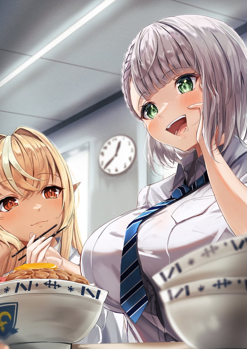 shirogane noel and shiranui flare (hololive) drawn by shiotsuke_sasami