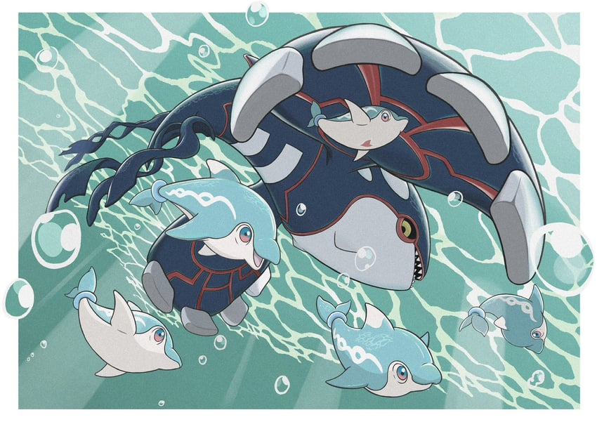 kyogre, palafin, and finizen (pokemon) drawn by komugicorn