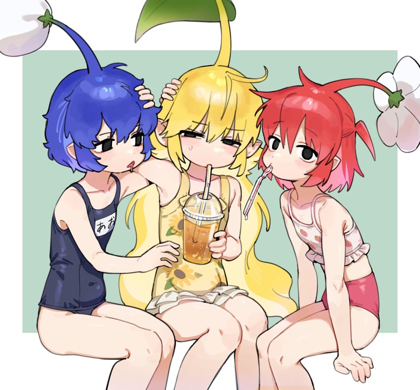 red pikmin, yellow pikmin, and blue pikmin (pikmin) drawn by hufy