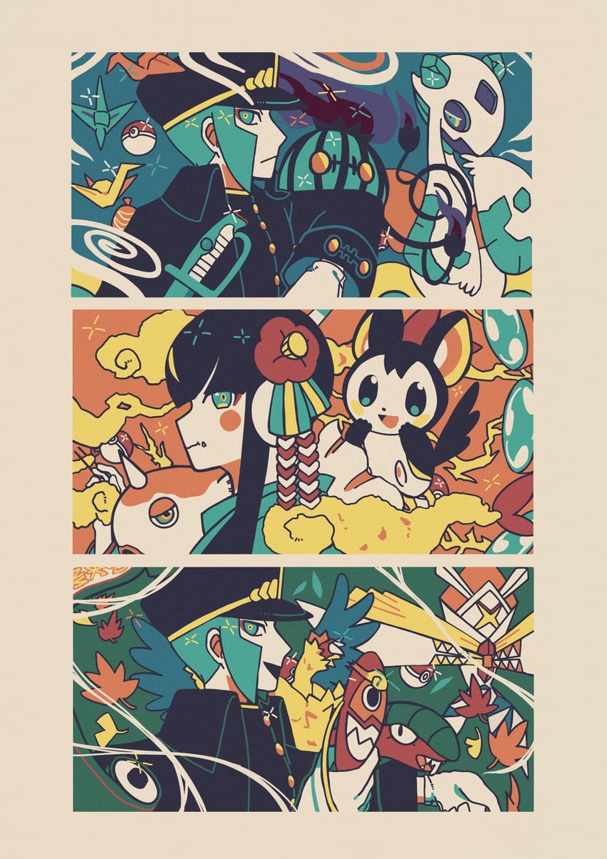 elesa, ingo, chandelure, emmet, emolga, and 5 more (pokemon and 1 more)