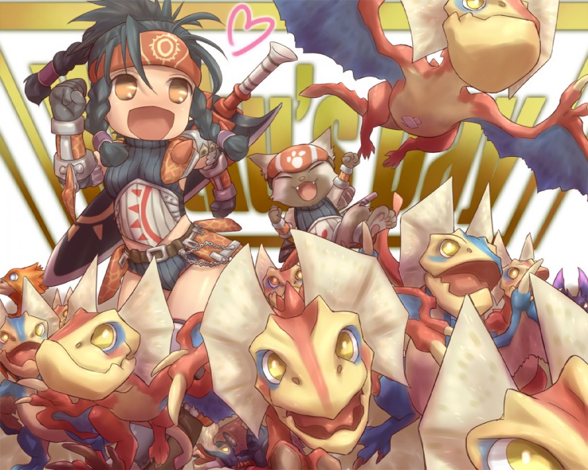 monster hunter, player palico, yian kut-ku, gypceros, yian garuga, and 1 more (monster hunter) drawn by tsukigami_chronica