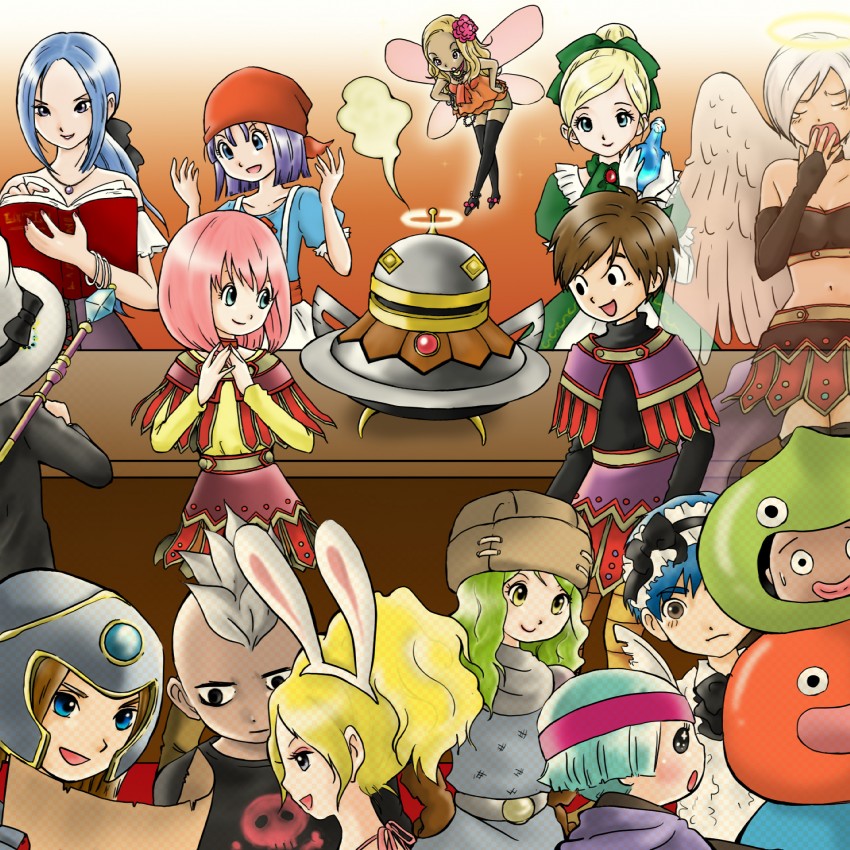 ruida, rikka, hero, heroine, raviel, and 2 more (dragon quest and 1 more) drawn by totechin