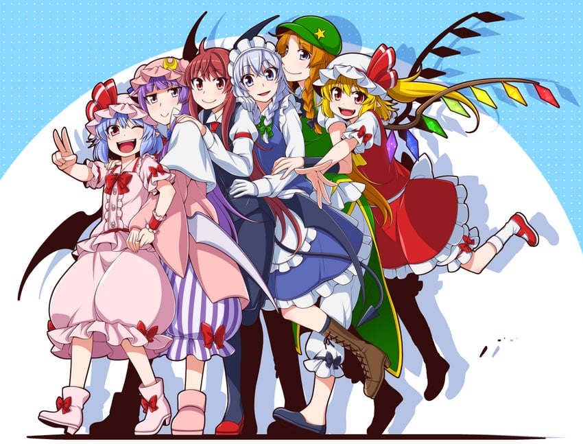 remilia scarlet, flandre scarlet, izayoi sakuya, patchouli knowledge, hong meiling, and 1 more (touhou and 1 more) drawn by eichi_yuu