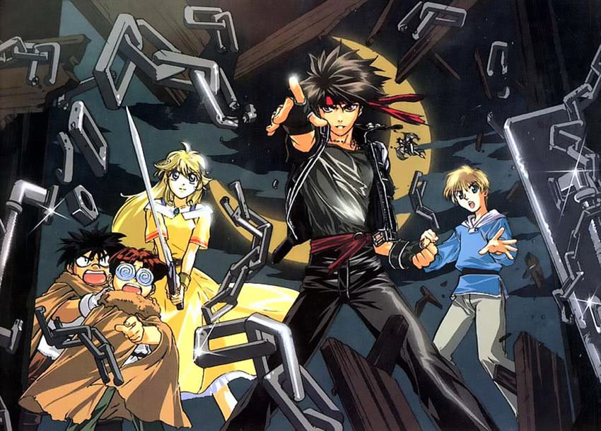 orphen, cleo everlastin, majic lin, volkan, and dortin (majutsushi orphen)