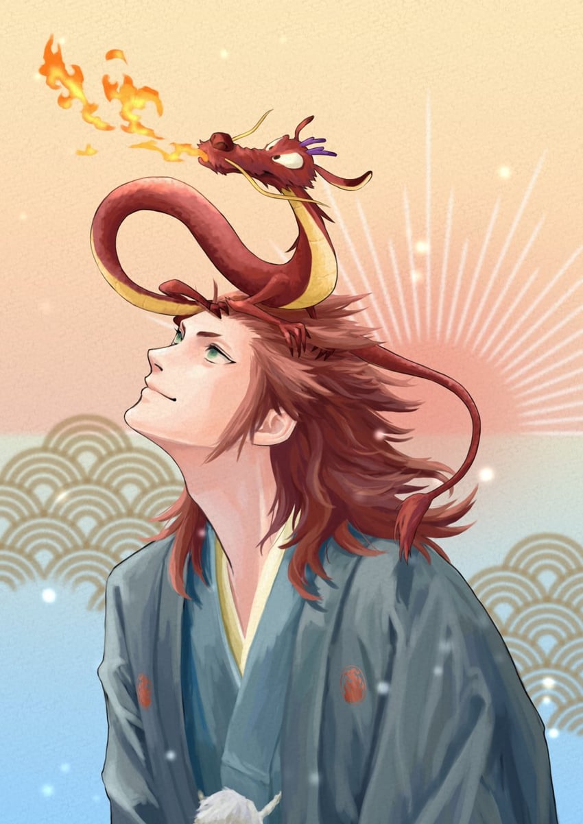 axel and mushu (kingdom hearts and 2 more) drawn by mukashino