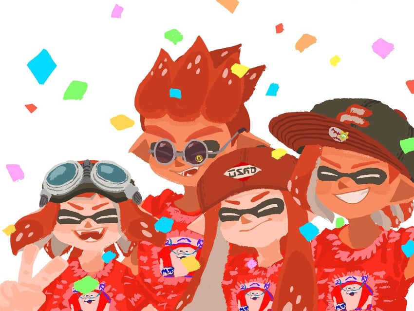 inkling player character, inkling girl, inkling boy, and big man (splatoon and 1 more) drawn by oekacucumber