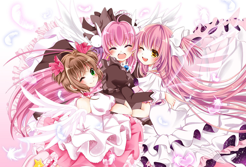 kaname madoka, kinomoto sakura, ultimate madoka, and misha (mahou shoujo madoka magica and 2 more) drawn by bottle_(x890264)