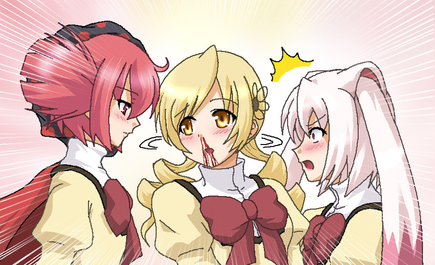 tomoe mami, kyubey, and charlotte (mahou shoujo madoka magica) drawn by hayashiya_zankurou