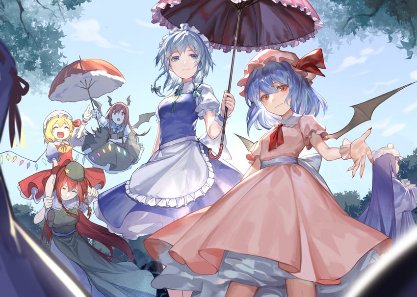 hakurei reimu, remilia scarlet, flandre scarlet, izayoi sakuya, patchouli knowledge, and 2 more (touhou and 1 more) drawn by wb_yimo