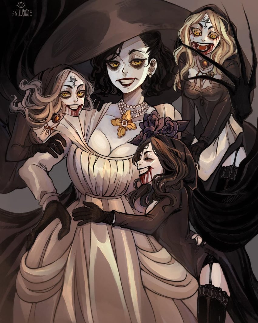 alcina dimitrescu, daniela dimitrescu, bela dimitrescu, and cassandra dimitrescu (resident evil and 1 more) drawn by killgogo