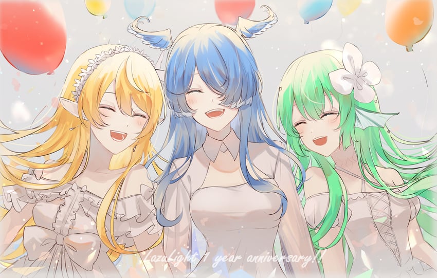 elira pendora, pomu rainpuff, and finana ryugu (nijisanji and 1 more) drawn by ameki_rei