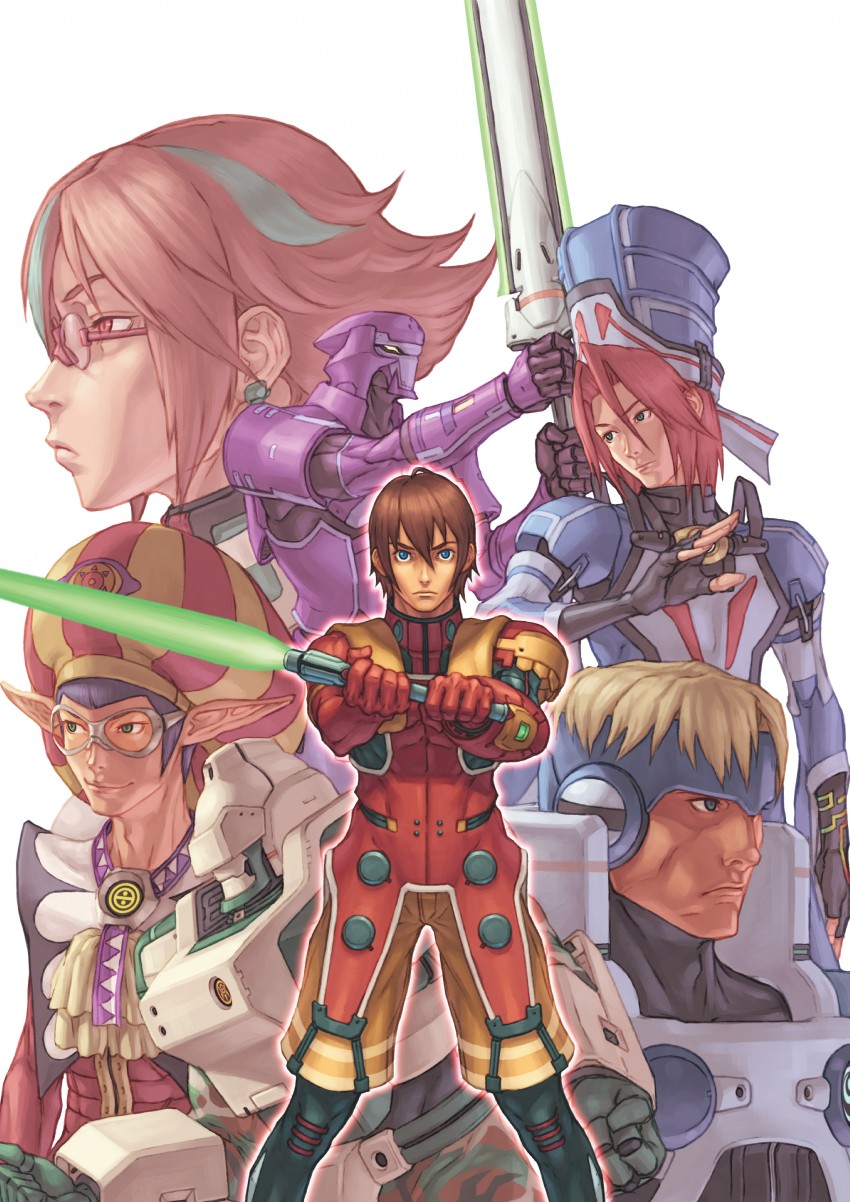 humar, racast, hucast, red ring rico, ash, and 5 more (phantasy star and 1 more) drawn by akikazu_mizuno, sakai_satoshi, and watanabe_wataru_(sega)