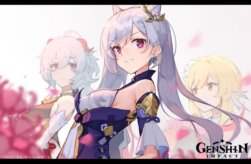 ganyu, lumine, and keqing (genshin impact) drawn by haru_on