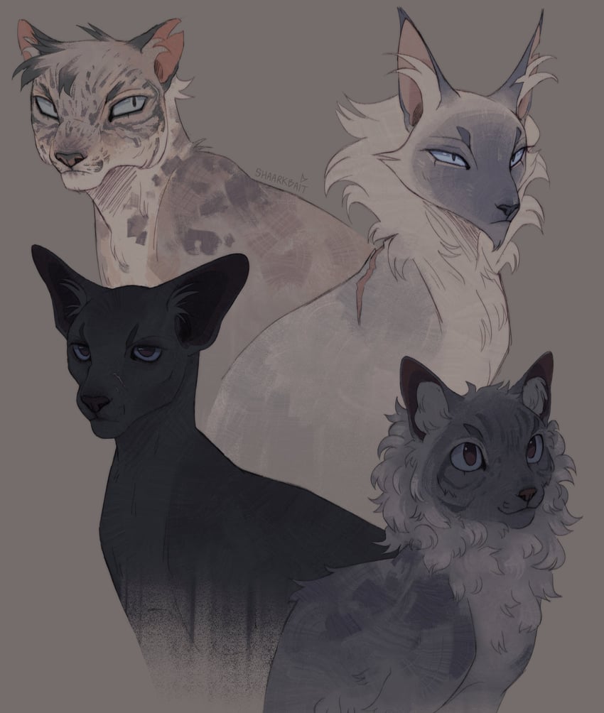 bluestar, cinderpelt, crowfeather, and ashfur (warrior cats and 2 more) drawn by sharkbait_(shaarkbait)