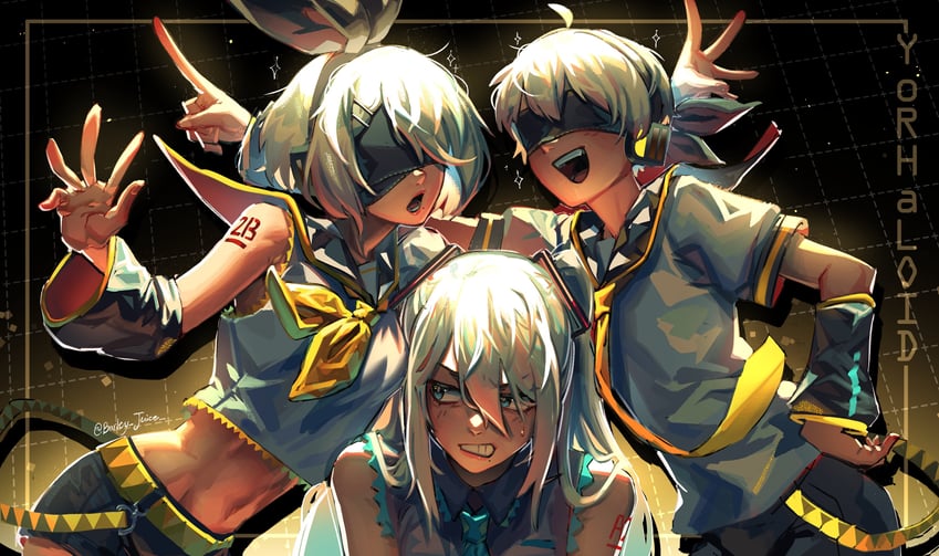 hatsune miku, kagamine rin, kagamine len, 2b, 9s, and 1 more (vocaloid and 2 more) drawn by barley_juice