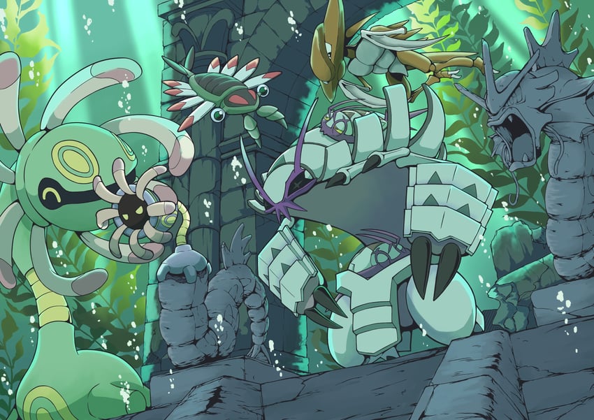 gyarados, golisopod, cradily, kabutops, wimpod, and 2 more (pokemon) drawn by q-chan