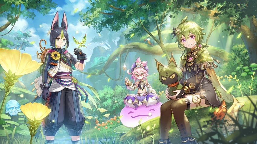 tighnari, collei, crystalfly, fungi, dori, and 2 more (genshin impact) drawn by anbe_yoshirou